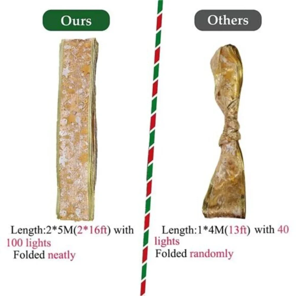 32ft 100 LED Christmas Tree String Lights with Gold Ribbon Bows -Battery Powered